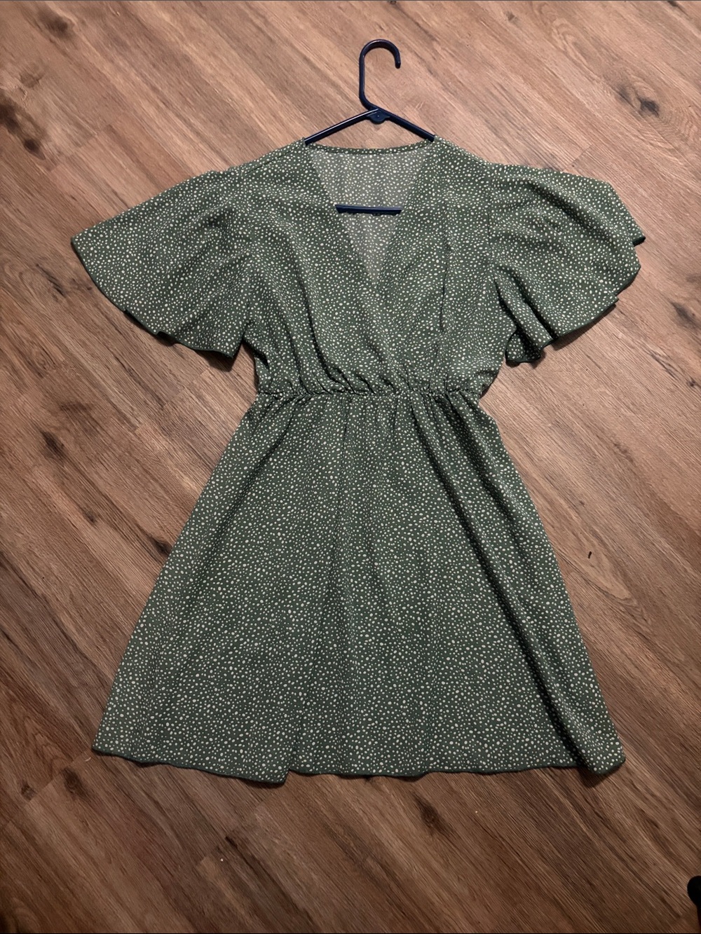 Sage Green/White Polka Dot Smocked Waist V-Neck Dress - Size Medium
